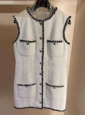 WAN.W工作室 高级定制优雅白色粗花呢马甲小香风无袖连衣裙女背心