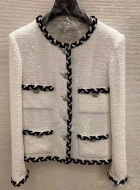 WAN·W工作室 艺术品经典四口袋手工钻石花边CC白色小香风外套女