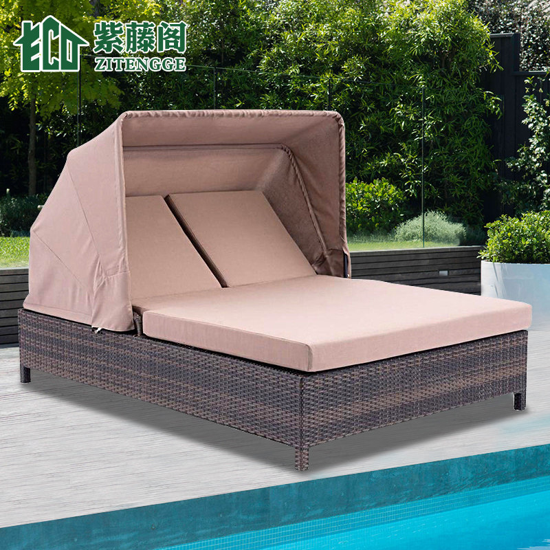 户外休闲露天阳台午休遮阳带蓬藤编躺床室外泳池沙滩椅双人沙发床,住宅家具,藤/竹沙发,淘宝优惠券,粉丝福利购,淘宝优惠卷