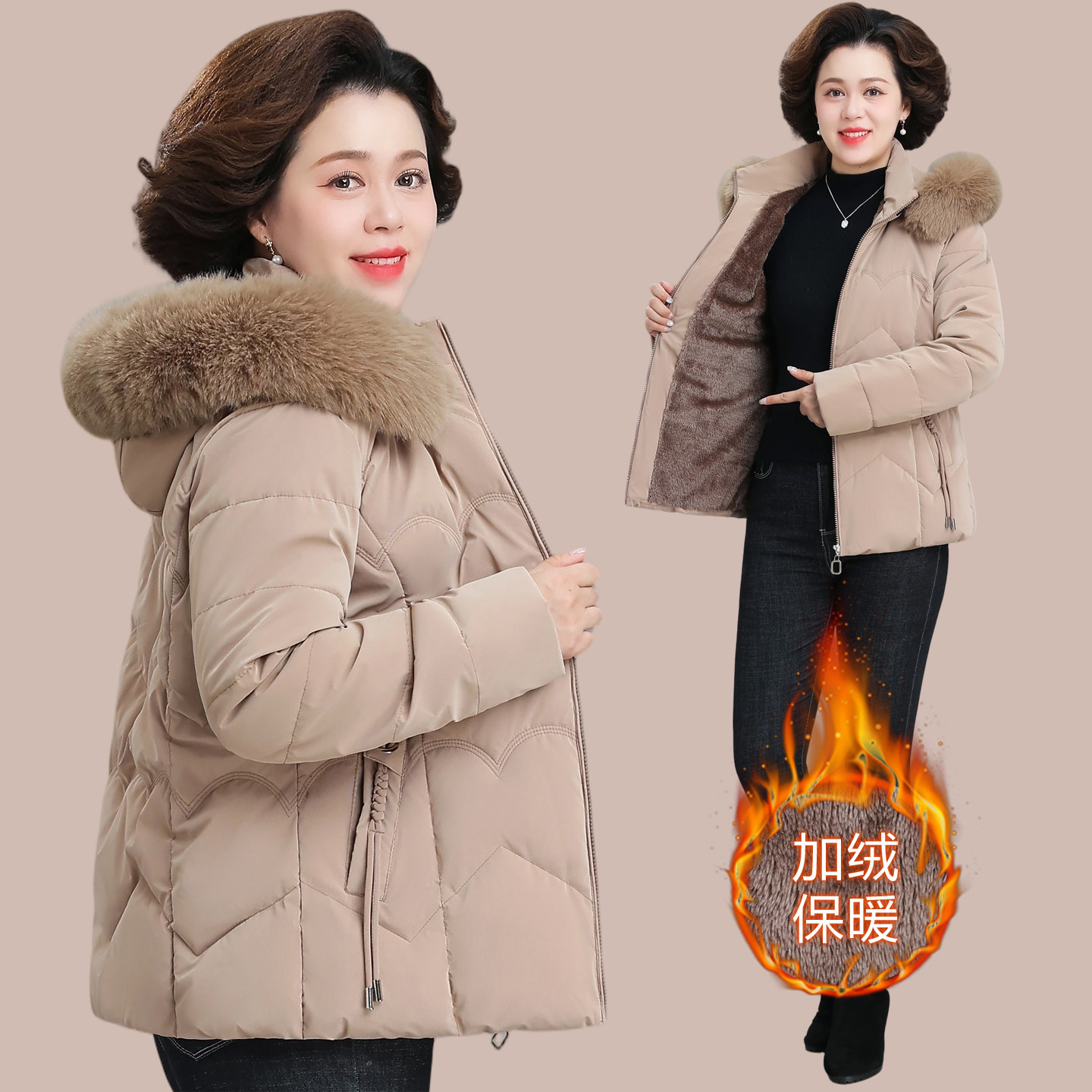 高级感棉服女款2025新款中老年妈妈连帽加绒加厚保暖棉衣冬装外套