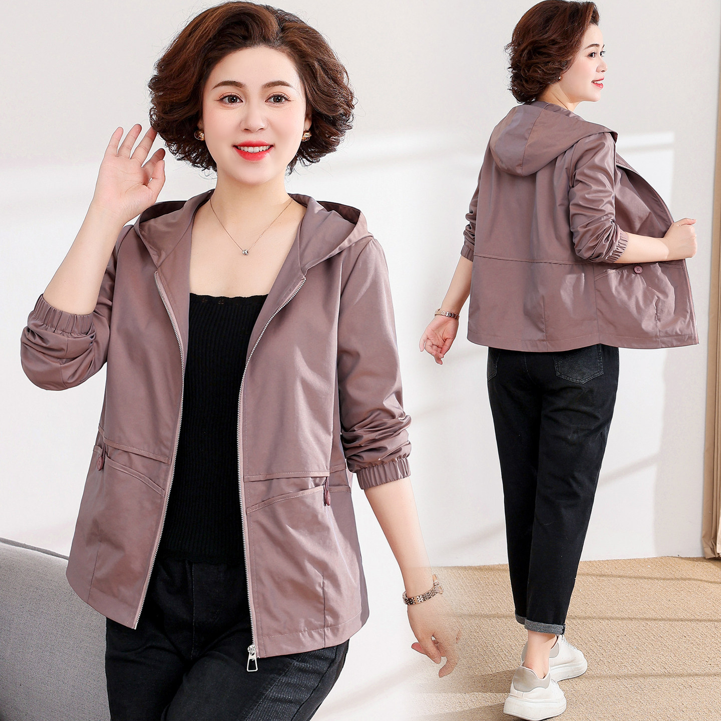 中年妈妈春装外套2026新款时尚洋气连帽短款中老年人薄款夹克上衣
