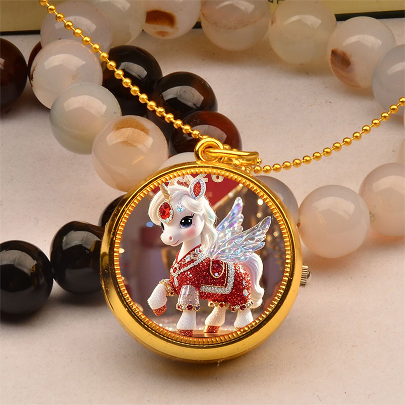 2026马年祝福萌宠旋转怀表挂表项链式怀表创意礼物儿童学生石英表