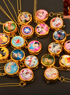 卡通旋转挂表复古翻盖转动怀表学生儿童创意礼物项链女可爱石英表
