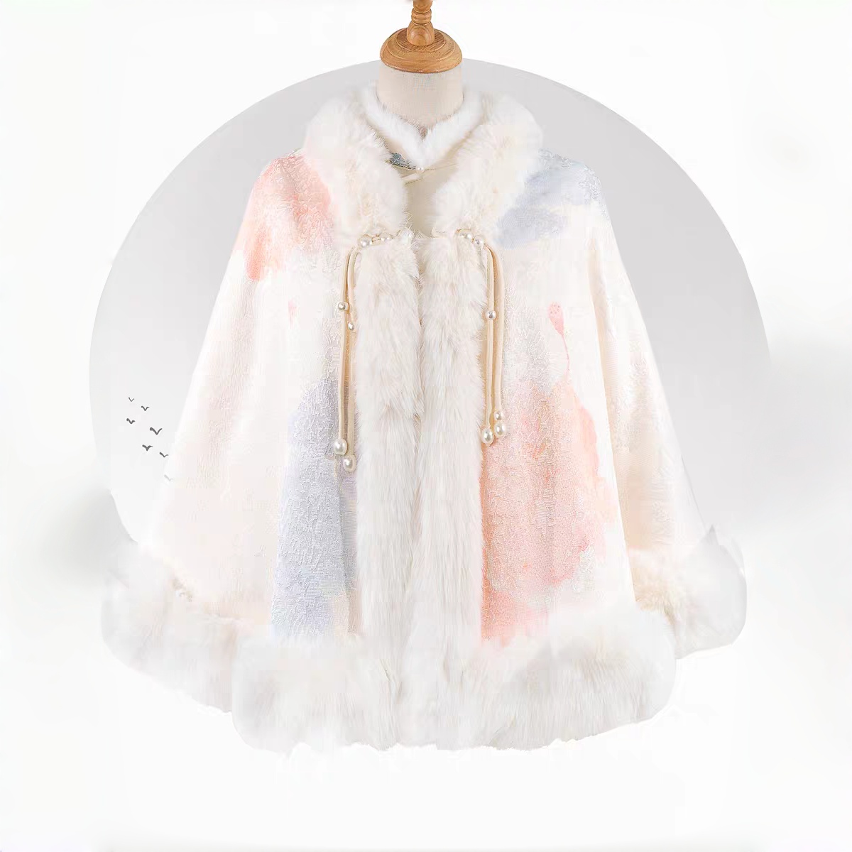 白色毛领旗袍披肩斗篷2025新款新中式外搭保暖外套秋冬季加厚女款