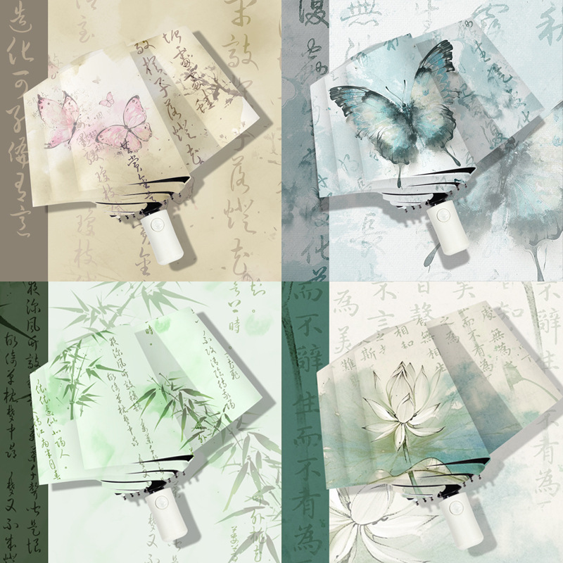 新中式国风自动折叠雨伞防紫外线防晒遮阳太阳伞黑胶晴雨两用新款