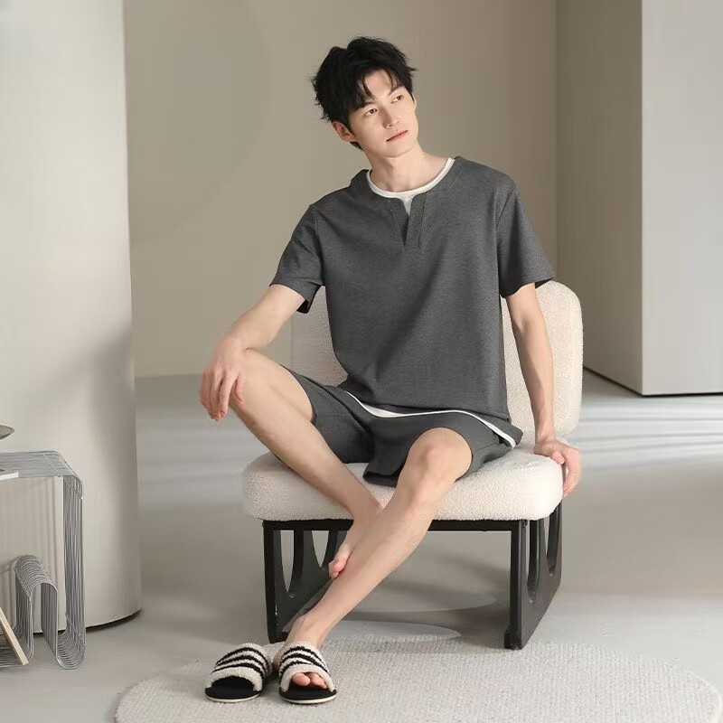 2026年新款纯棉睡衣男士夏季短袖青年可外穿全棉纯色家居服春套装