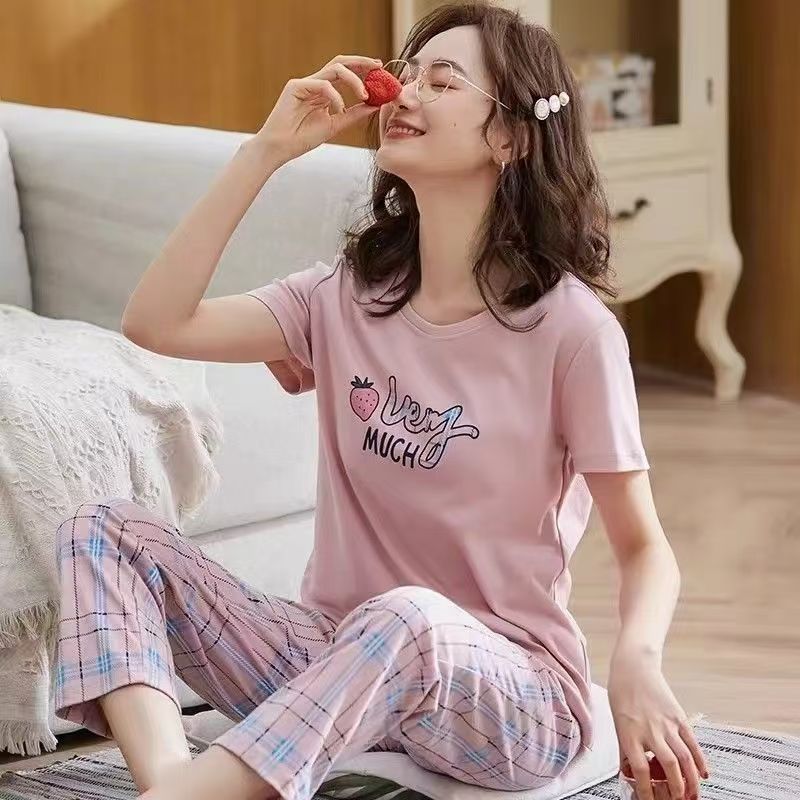 睡衣女夏款纯棉新款全棉夏季短袖长裤可外穿大码薄款家居服套装
