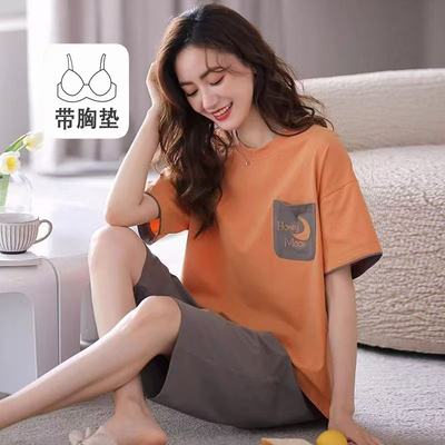 100%棉女士夏季薄款短袖七分裤睡衣套装带胸垫宽松大码全棉家居服