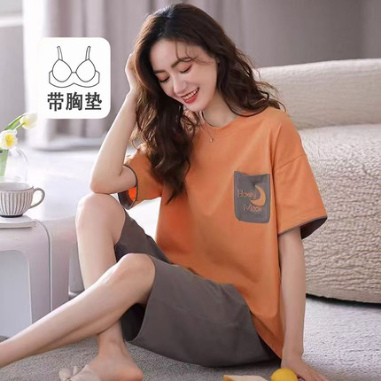 100%棉女士夏季薄款短袖七分裤睡衣套装带胸垫宽松大码全棉家居服
