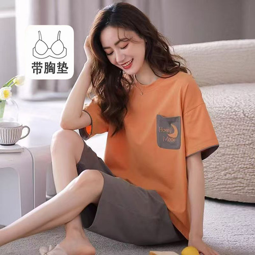 100%棉女士夏季薄款短袖七分裤睡衣套装带胸垫宽松大码全棉家居服