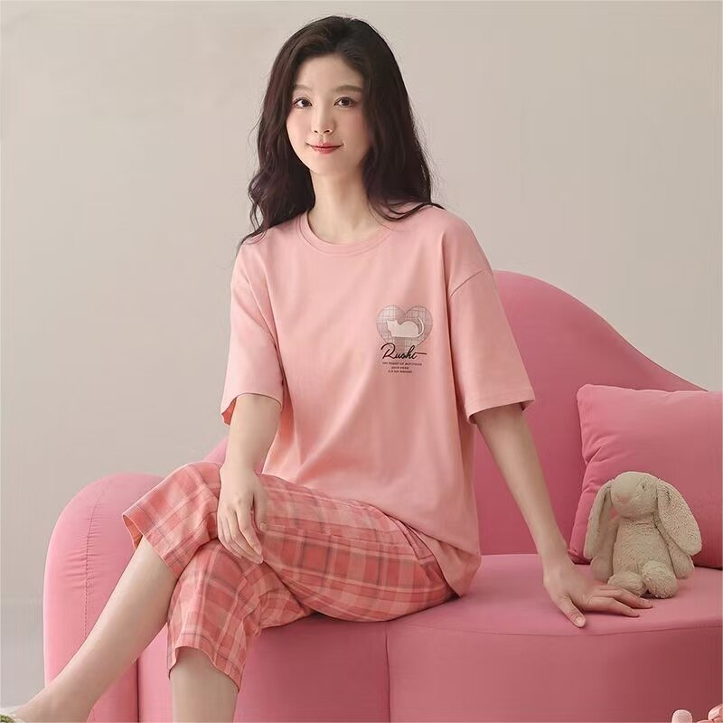 女士100%纯棉夏季薄款短袖七分裤睡衣套装休闲宽松大码全棉家居服