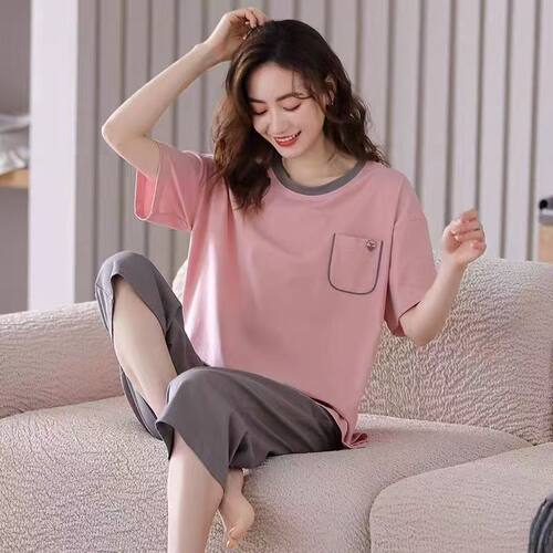 睡衣女夏款纯棉2025年新款全棉夏季短袖七分裤薄款家居服套装夏天