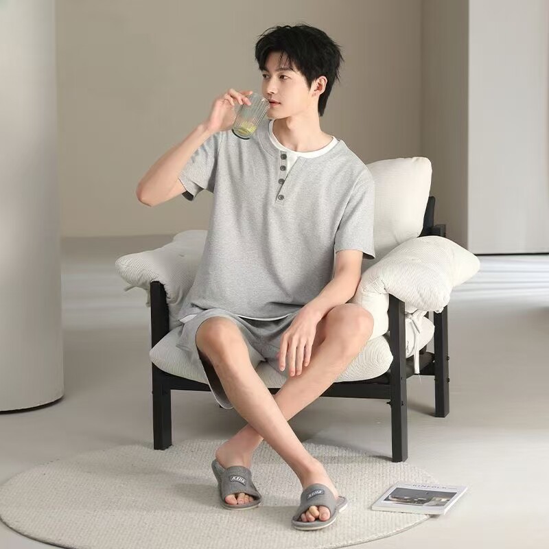2026年新款纯棉睡衣男士夏季短袖青年可外穿全棉纯色家居服春套装