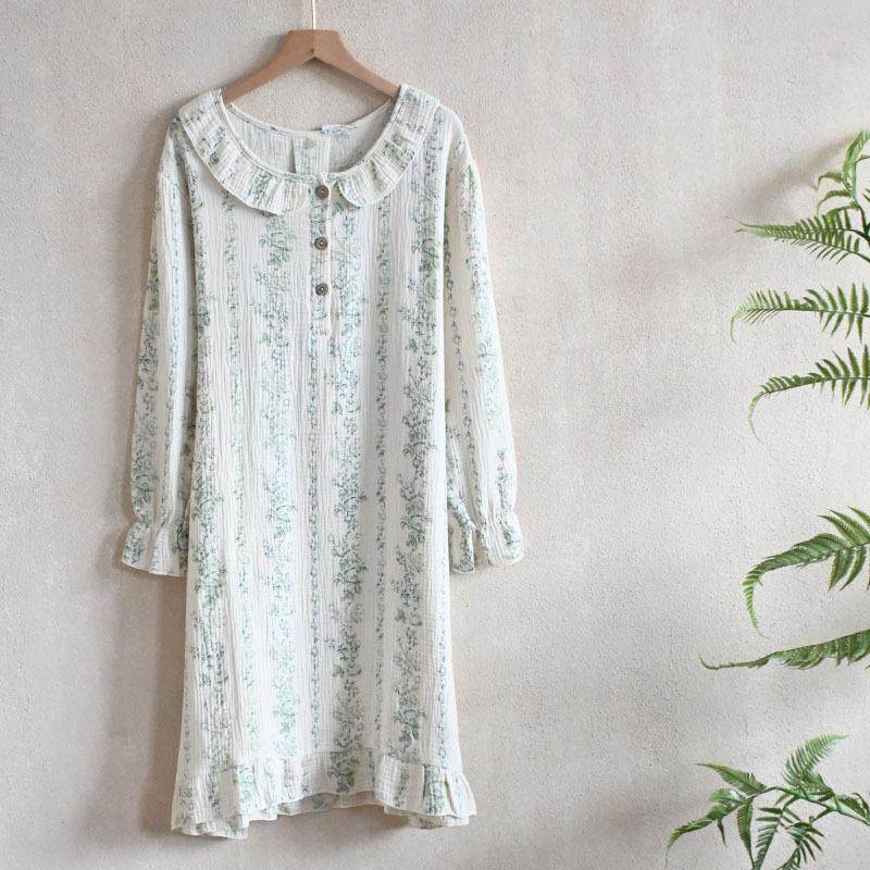 连衣裙女士娃娃家居服花边长袖纯棉秋季领纱布双层睡裙绉布