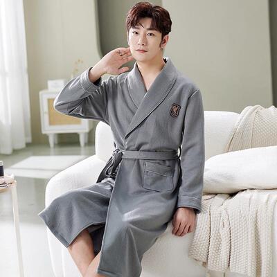 加厚棉夹层纯棉秋冬家居服中长款晨袍浴袍男款睡袍保暖空气男长袖