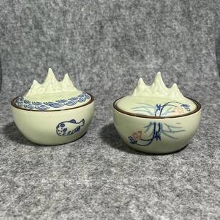 青瓷陶瓷青花釉里红荷花诗文小鱼多功能墨池砚台带盖墨盒笔搁