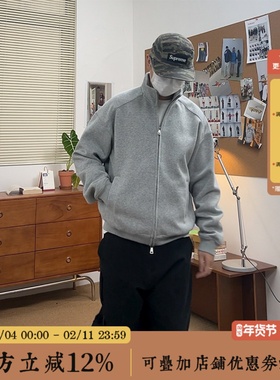 BBCN STORE美式复古纯色双拉链立领开衫卫衣春季百搭vintage外套