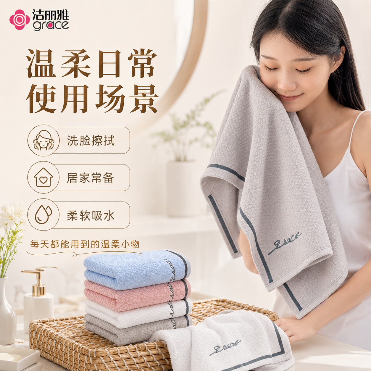 伊琳诺雅严选 洁丽雅纯棉毛巾 2条装 家用柔软吸水