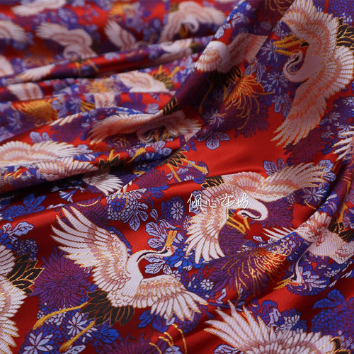 红色底织金仙鹤纹瑞鹤图加厚织锦缎面料茶席马甲宋锦丝绸缎子布料