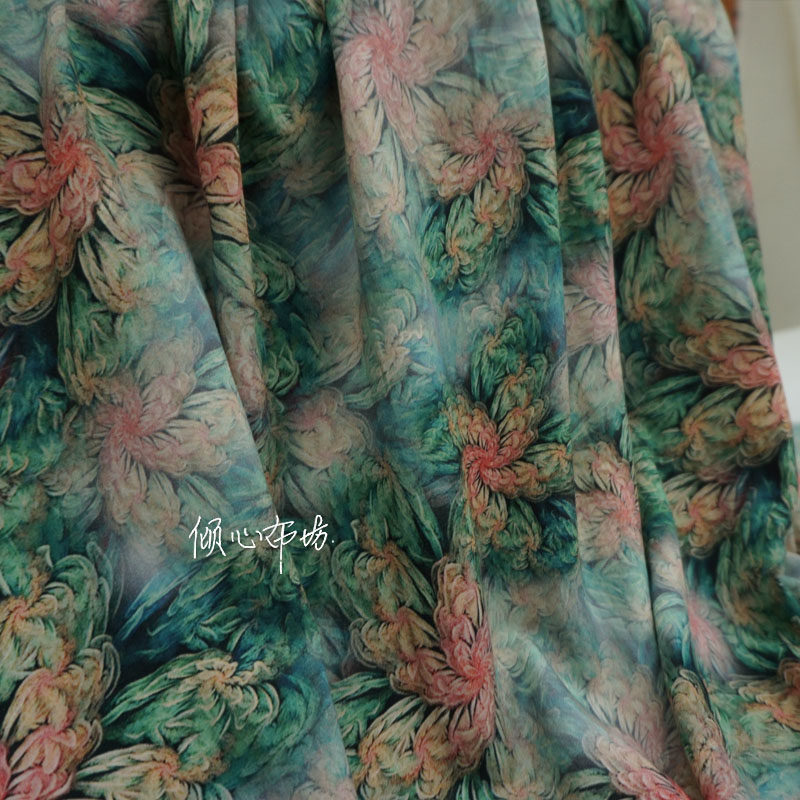 典雅深绿色系叠加绽放花卉平纹芦荟棉布料细腻人造棉绸真丝棉面料