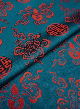 孔雀蓝绿色麻纹丝质八仙福禄寿喜团织锦缎布料丝绸缎子男唐装面料