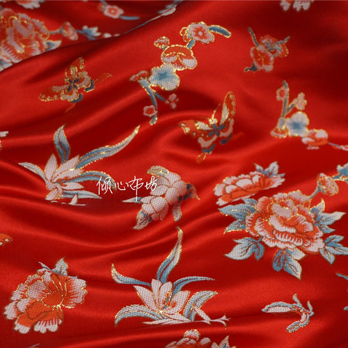 漂亮红色底织金古典蝴蝶花卉织锦缎布料面料丝绸缎子汉服宋锦马甲