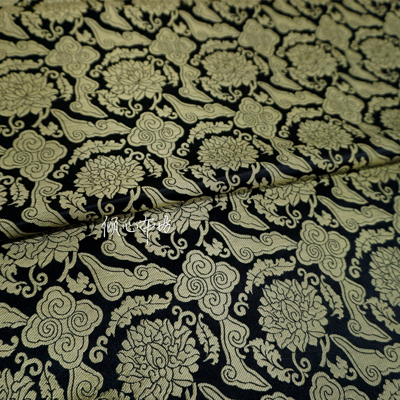 黑色底织金祥云纹宝相花金线光泽织锦缎布料古典中式丝绸缎子面料