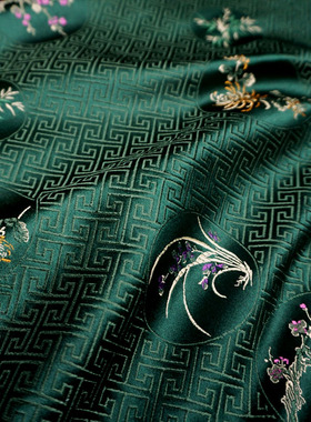 深绿色开窗梅兰竹菊四君子吉祥万字纹回纹织锦缎布料丝绸缎子面料