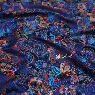 深蓝色藏蓝色复古蝶恋花织锦缎布料宋锦云锦旗袍汉服丝绸缎子面料