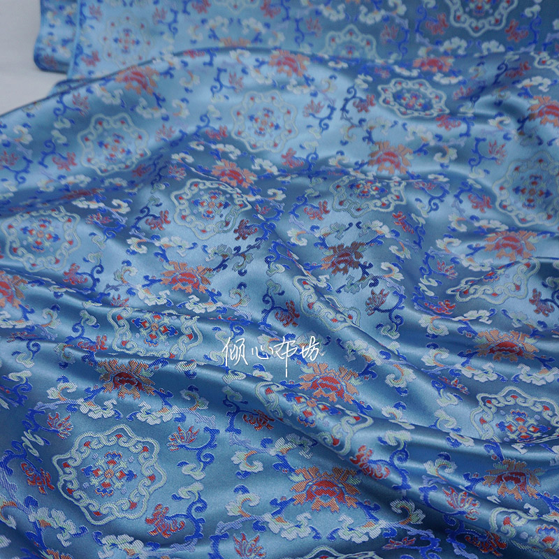 水蓝色缠枝海棠纹宝相花织锦缎宋锦面料丝绸缎子旗袍马甲中式布料