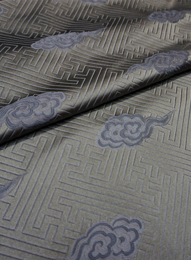 驼灰色银灰中国风回纹祥云织锦缎布料/云锦丝绸缎子面料/古装半米