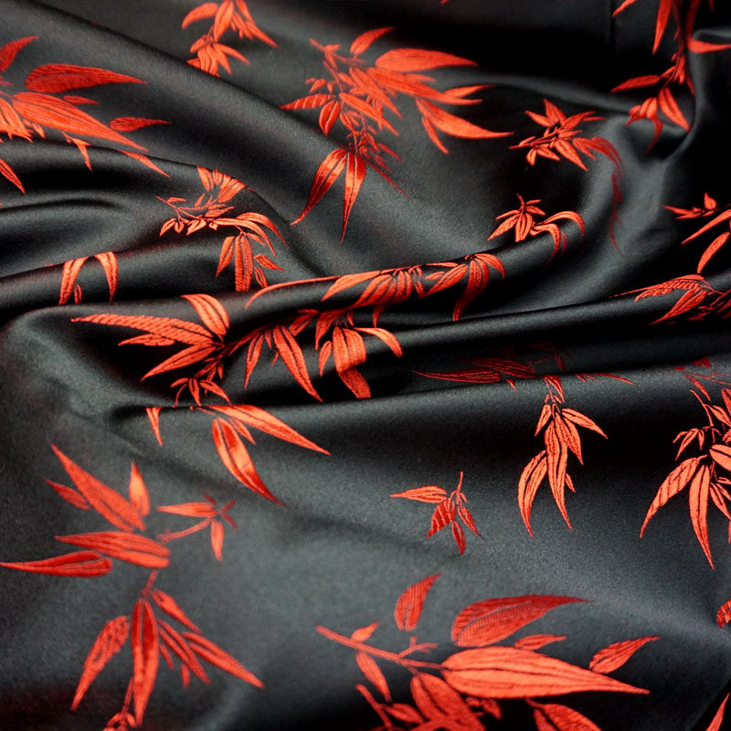 古典气质黑底红唯美竹子叶织锦缎布料丝绸缎子古香缎面料旗袍唐装
