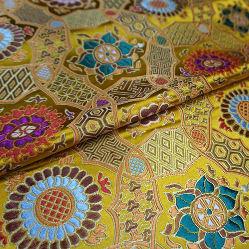 明黄金黄色盘条四季花织锦缎布料