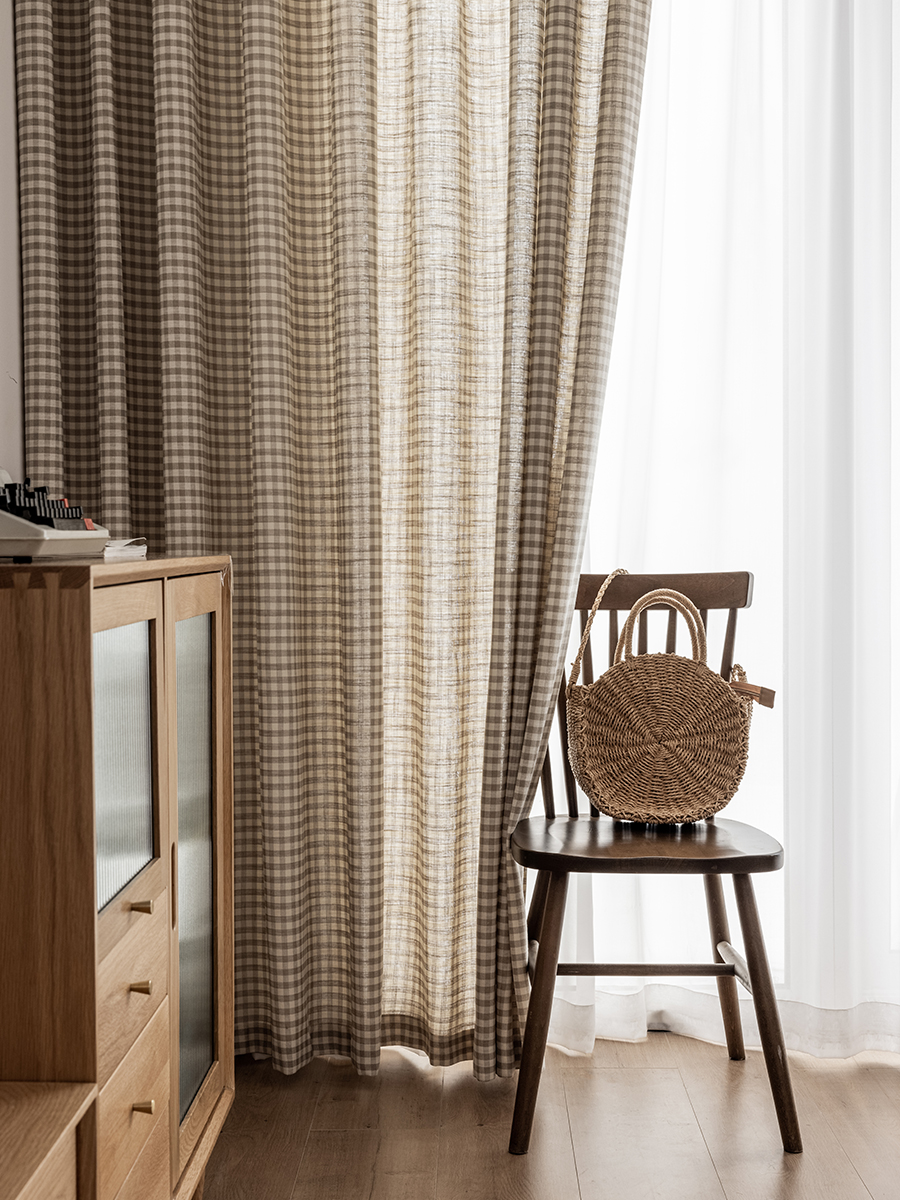 日式原木风棉麻窗帘半遮光2024年新款森系小清新田园格子窗帘布i.