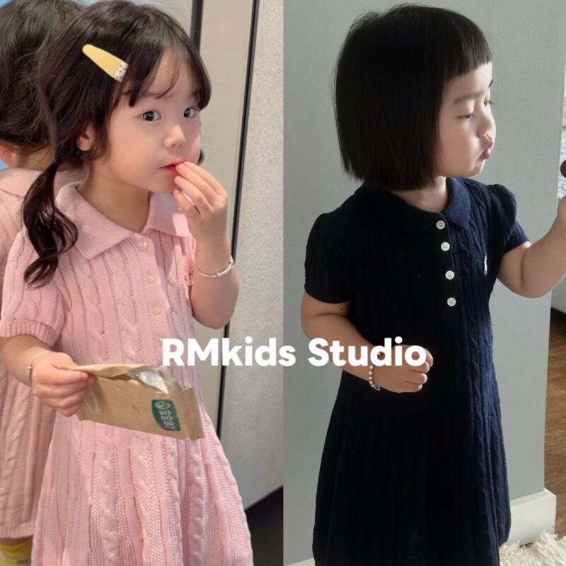 RM原创设计新品女童宝纯棉2色复古麻花翻领学院风短袖针织连衣裙