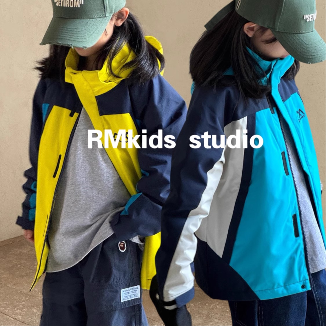RM原创设计冬新品男女儿童拼色连帽防水防风冲锋衣3M棉服外套户外