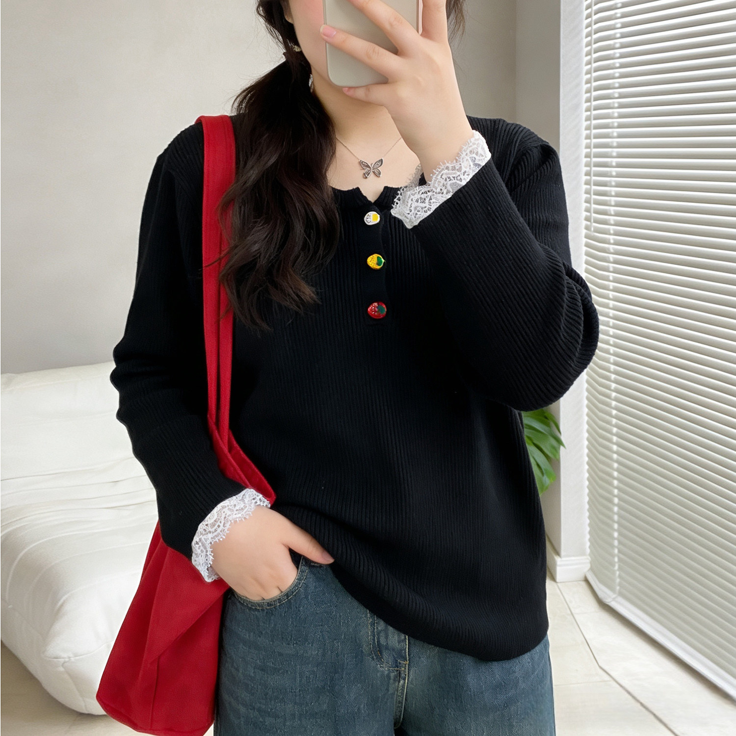 大码假两件蕾丝长袖打底衫毛衣女春装新款胖mm显瘦内搭针织衫上衣