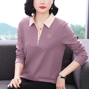 假两件长袖T恤棉妈妈装秋上衣棉撞色女中老年女装宽松大码打底衫