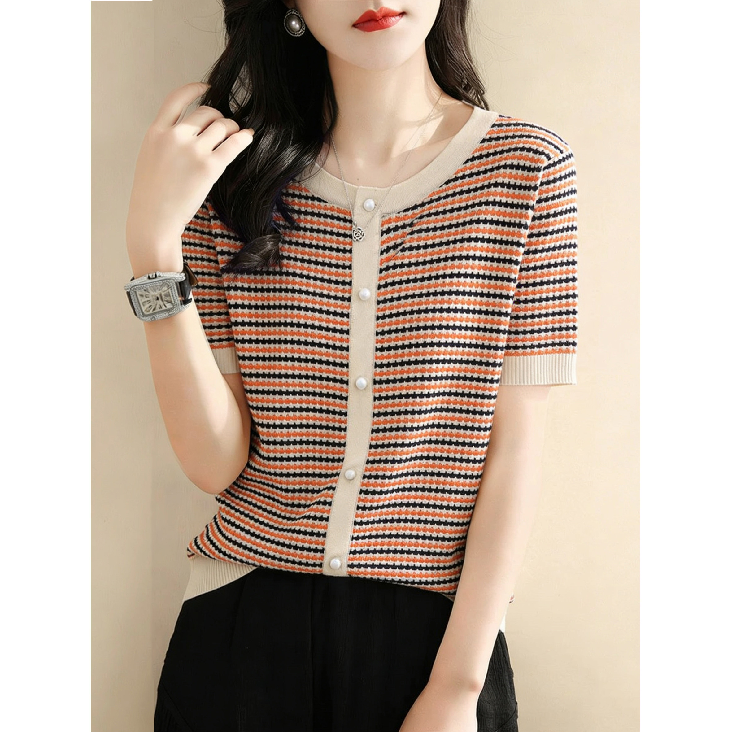 大码撞色条纹冰丝针织短袖t恤女2026年夏季新款胖mm显瘦减龄上衣