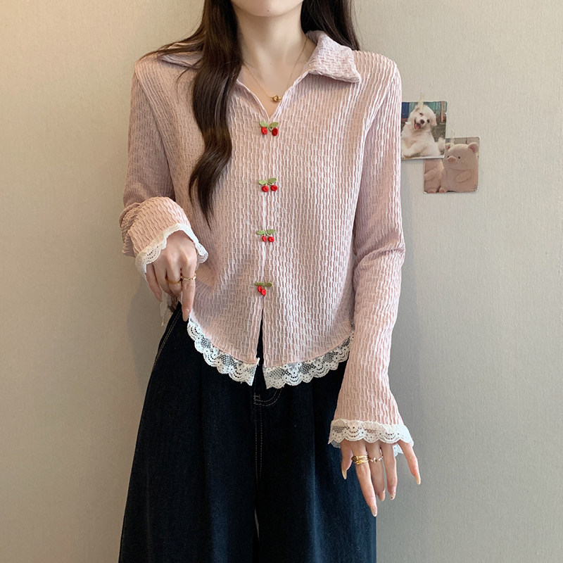 大码女翻领甜美蕾丝花边长袖t恤女2026春装新款胖mm显瘦别致上衣