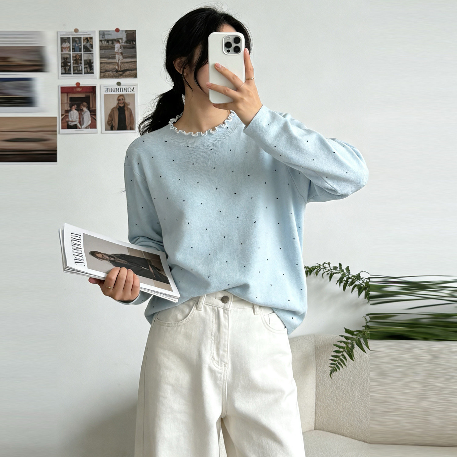 大码木耳边波点长袖打底衫女2026春装胖mm显瘦内搭毛衣针织衫上衣