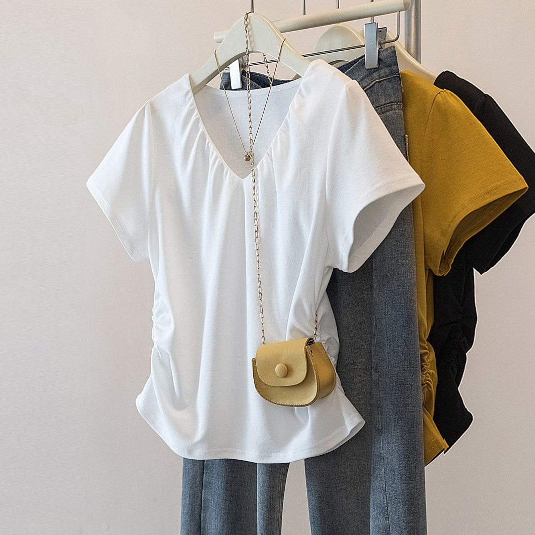 大码女装V领正肩收腰短袖t恤女2026年夏季新款胖mm显瘦设计感上衣