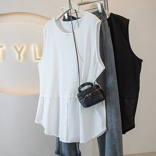 大码女装高级感无袖t恤女背心夏季新款胖mm显瘦假两件设计感上衣