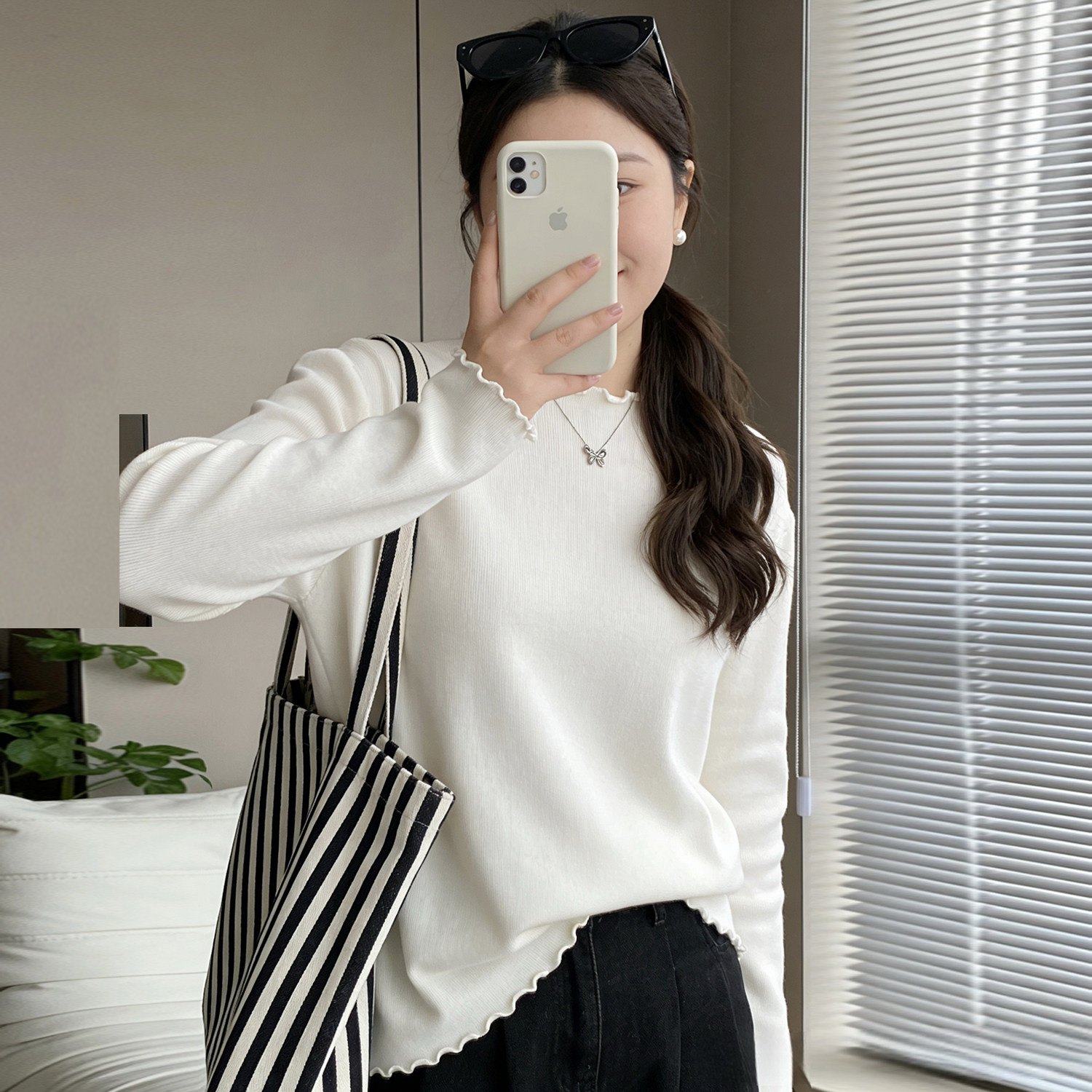 大码木耳边长袖内搭保暖毛衣打底衫女春装新款胖mm显瘦针织衫上衣