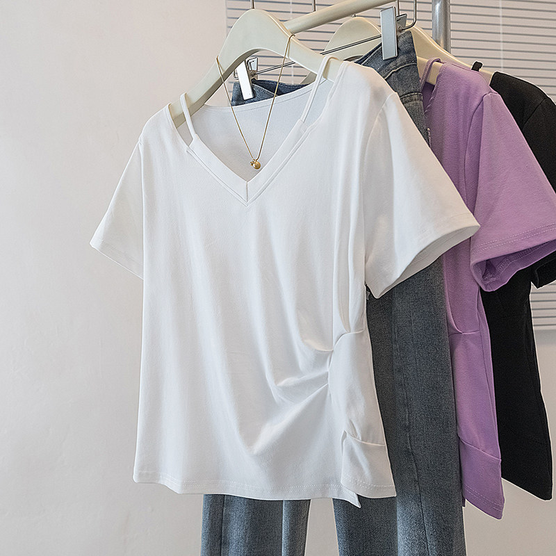 大码女装V领露锁骨不规则短袖t恤女2026春夏新款胖mm宽松显瘦上衣