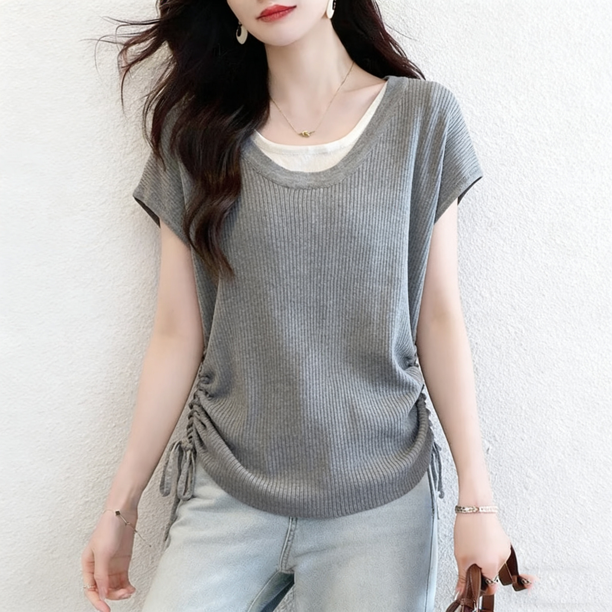 大码假两件上衣条纹冰丝针织短袖t恤女2026夏季新款胖mm显瘦潮流