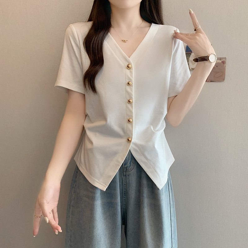 大码女装V领漂亮小衫正肩短袖t恤女2026夏装新款胖mm显瘦收腰上衣