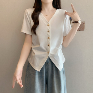 女装 新款 V领漂亮小衫 t恤女2026夏装 胖mm显瘦收腰上衣 正肩短袖 大码