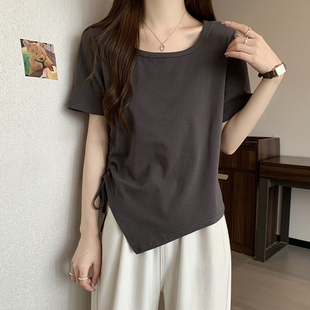 新款 大码 t恤女士夏装 抽绳不规则正肩短袖 胖mm显瘦设计感上衣 女装
