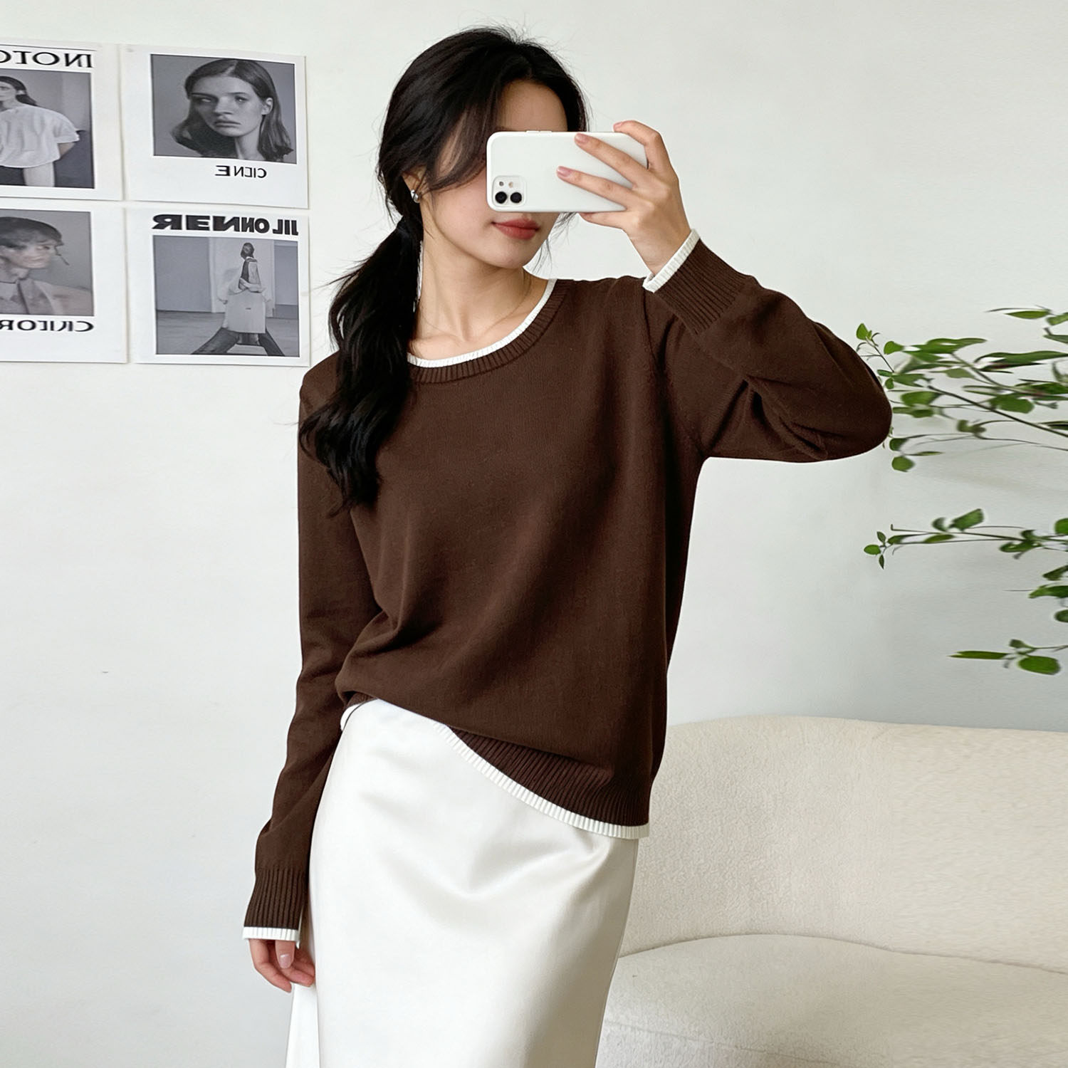 大码撞色圆领长袖内搭打底衫女2026年春装胖mm显瘦毛衣针织衫上衣